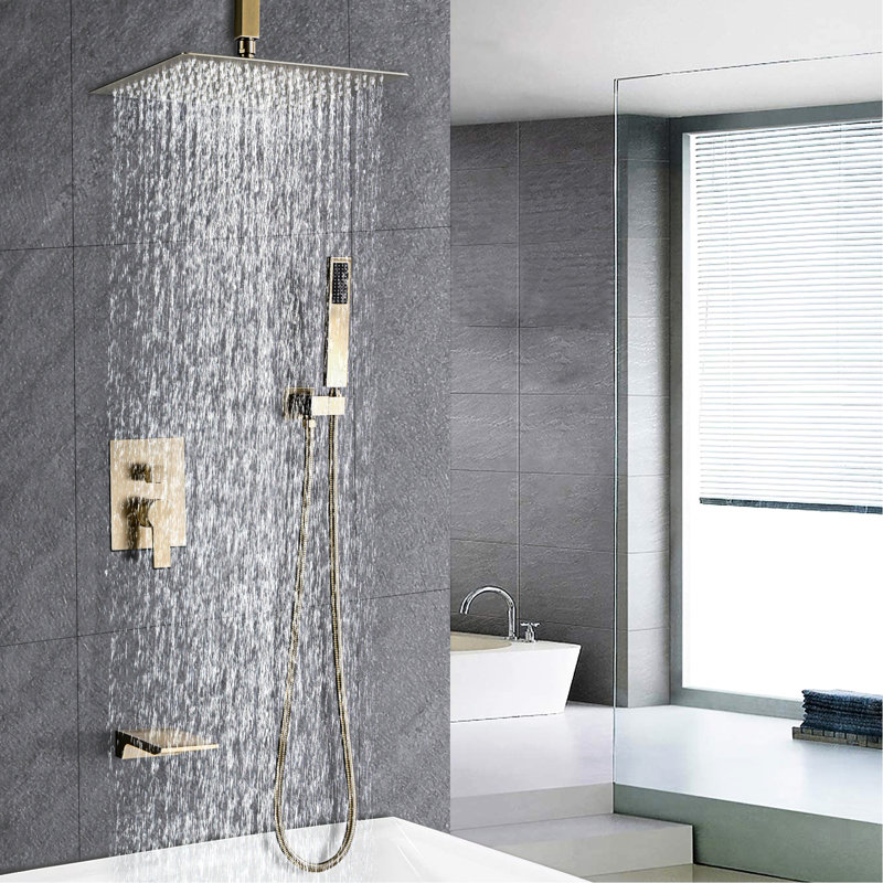 Système de douche en or brossé: 12 pouces avec bec de baignoire en cascade et ensemble de poche réglable, Or brossé
