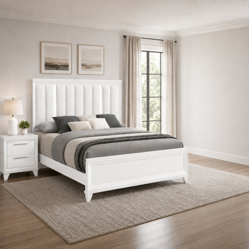 Ensemble de chambre pour très grand lit, blanc, bois argenté, ensemble 2 pièces avec table de chevet, Très grand lit