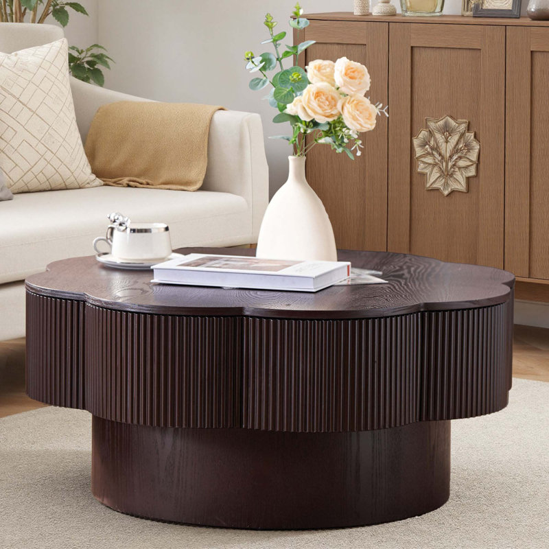Table basse 31,50 "en forme de fleur moderne avec rangement pour appartement, salon, bureau, Marron foncé