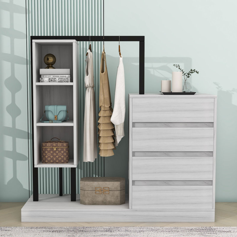 Armoire moderne avec 4 tiroirs, 3 tablettes et tringle à vêtements, Blanc