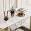 Table de salle à manger rectangulaire dorée avec plateau en verre trempé composite de 12 mm d'épaisseur de 0,47 po et base en acier inoxydable, pour repas de famille réguliers, profondeur de 70,37 po, largeur de 30,83 po, hauteur de 29,08 po,