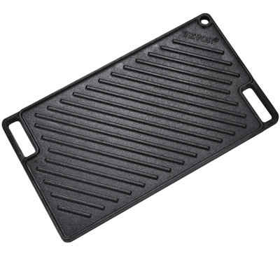 Reversible Grill/Griddle, 9.7"x16.7" Pre-Seasoned Cast Iron Griddle, Rectangular Double Burner Griddle Pan, Non-Stick Family Pan Cookware with Handles, Flat Top Plate for BBQ, Gas Grill, Black