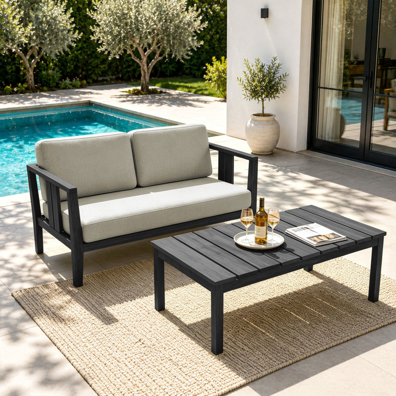 Junco Teak Outdoor Two-person Patio 49.3"W Loveset with Cushions and Coffee Table, Light Camel, Black