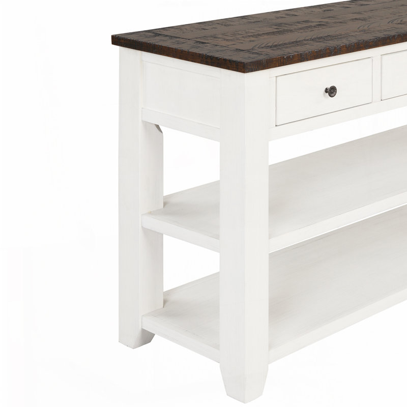 Solid Pine Wood Top Console Table Sofa Side Table with 3 Storage Drawers and 2 Shelves, Brown, Antique White