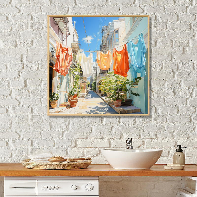 Blanchisserie en Italie V - Art mural, H 16 po x l 16 po x P 1 po, Cadre flottant érable