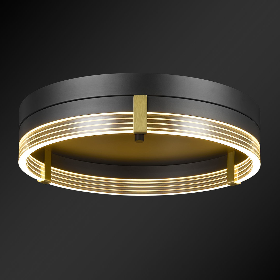 LED Integrated Black Flush Mount Ceiling Light with Etched Acrylic Edge Lit Shade and Brass Accents Mercer41