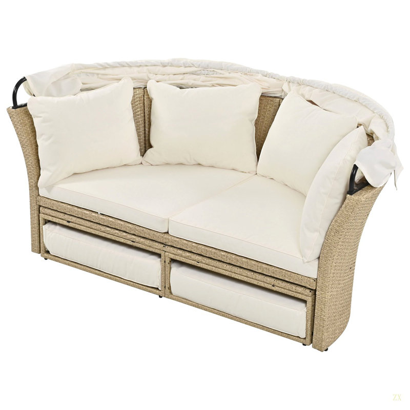 Outdoor Patio Daybed Wicker Rattan Double Daybed Round Sofa Furniture Set With Retractable Canopy, 4 Pillows For Lawn Garden Backyard Porch Pool