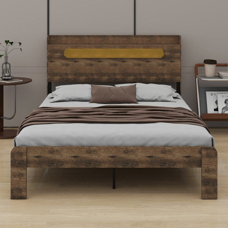 Structure de lit plateforme en bois avec tête de lit à DEL et USB, Double