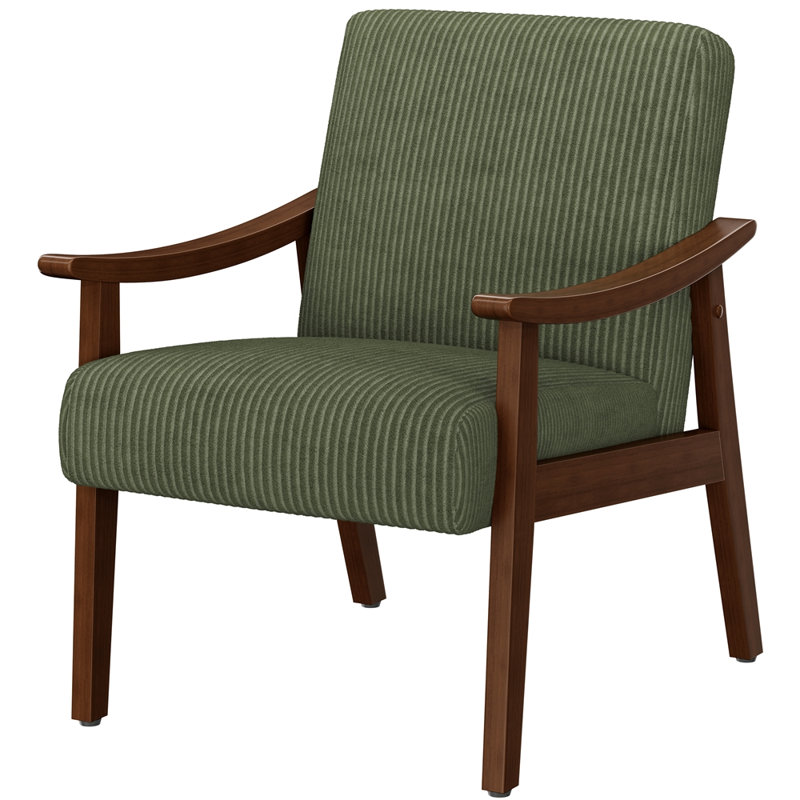 Modern Accent Chair Upholstered Armchair with Solid Wood Legs, Dark Green Polyester