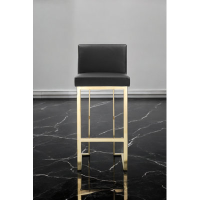 Pangea Home Dexter Faux/Vegan Leather Bar Stool - 30" Seat Height – Modern Upholstered Bar Chair with Steel Metal Legs - Indoor - Bar, Dining, Kitchen - Black with Gold Legs