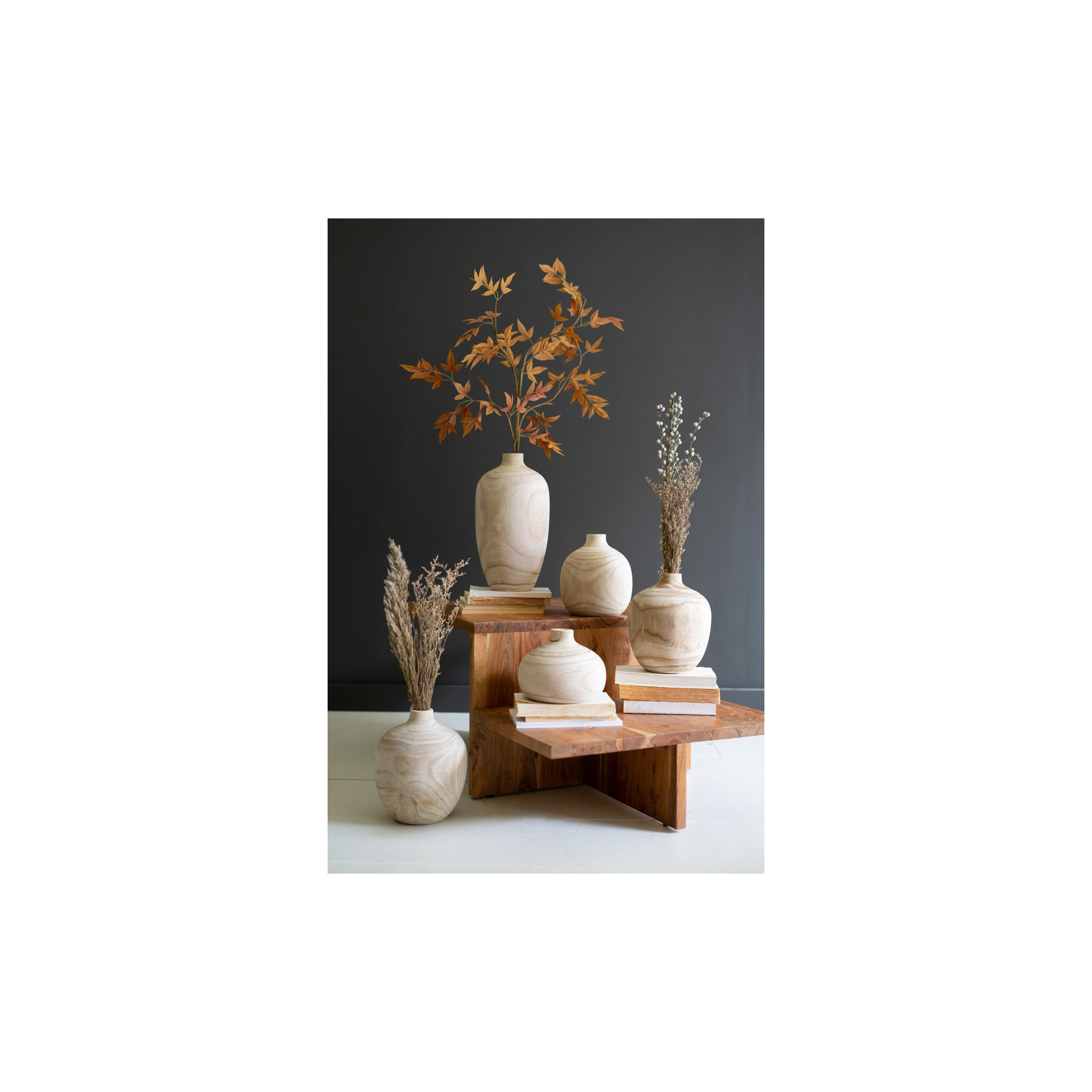Gerson SET OF FIVE CARVED WOODEN BULB VASES - ONE EACH DESIGN