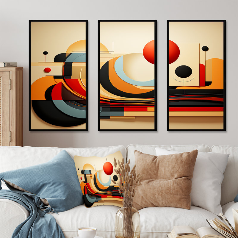 «Echoing Ellipse Beige», art mural géométrique, H 28 po x l 36 po x P 1 po, Cadre flottant noir