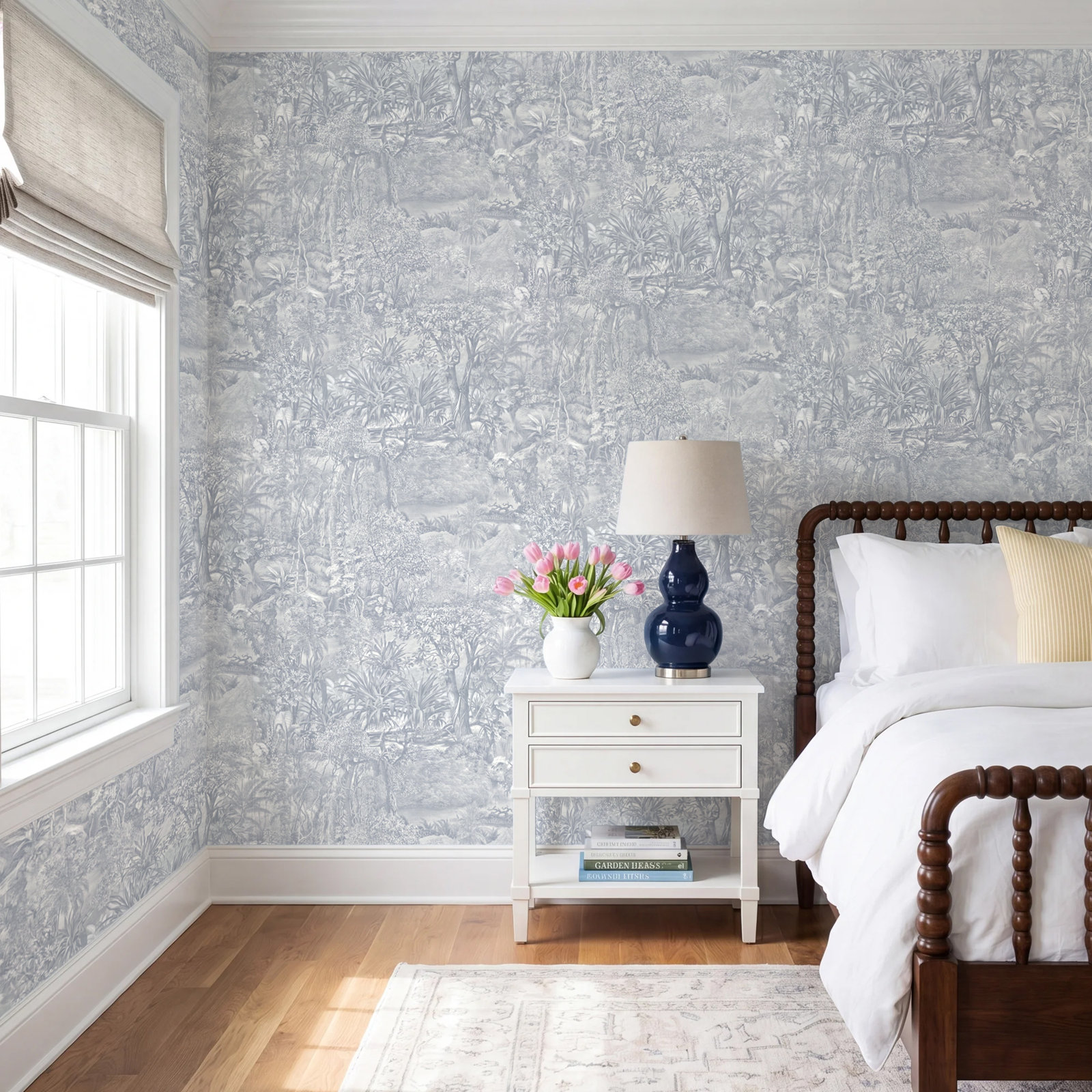 Akikazu Self-Adhesive Wallpaper Roll, 16.5" L x 20.5" W, Cornflower Blue Toile