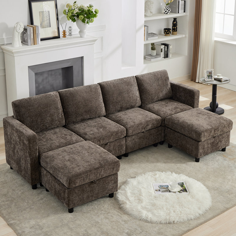 Canapé 6 pièces rembourré en forme de U avec repose-pieds convertible de 107 po sous le siège, Chenille brun