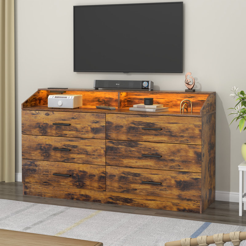 Vikky 6 Drawers Dresser with Power Outlet, Chest of Drawers with LED Light, Modern Dresser Organizer, Black/Brown