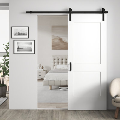 34"x84" Flat 2-Panel Smooth White Primed Solid Core Sliding Barn Door With Installation Hardware Kit (Door Slab Pre-assembled）