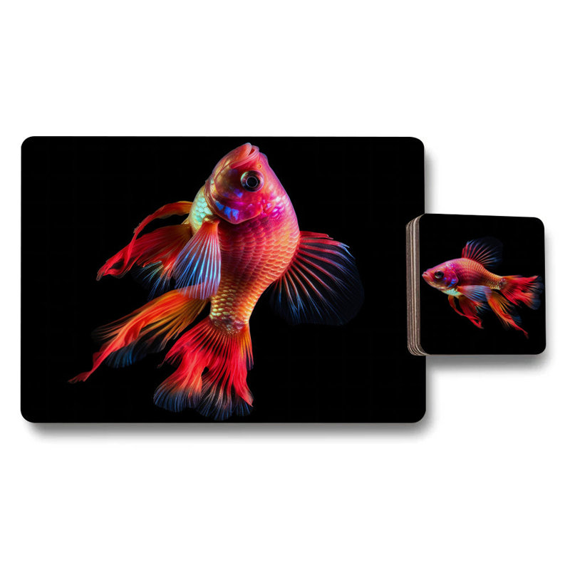 Colorful Betta Fish Placemat And Coaster Set Of 12 With Wood Bottom