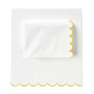 Allena 400TC Cotton Scallop Embroidery Sateen Cotton 4 Piece Sheet Set Fitted Sheet Fits Upto 16" Deep Pocket, Gold