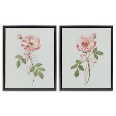 Ensemble de 2 toiles flottantes encadrées roses roses avec boucles, design par Sally Swatland