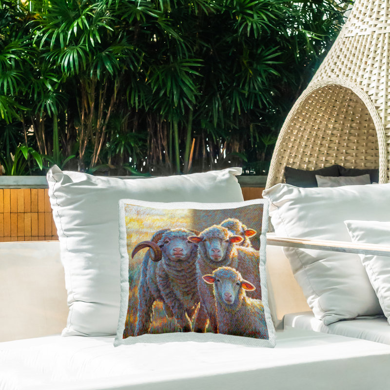 Coussin d'extérieur imprimé Happy Country Sheep Flock par Rita Kirkman