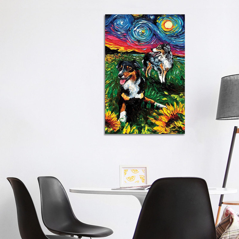 «Starry Australian Shepherds» par Aja Treves - peinture sur toile tendue, H 40 po x l 26 po x P 1,5 po
