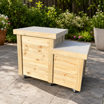 5' X 30" Mobile Wooden Outdoor Bar Cart With Caster Wheels And Multi-level Serving Top