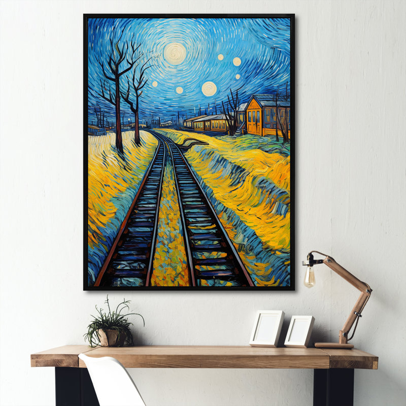 Rails de train herbe jaune - impression, H 40 po x l 30 po x P 1,5 po, Cadre flottant noir