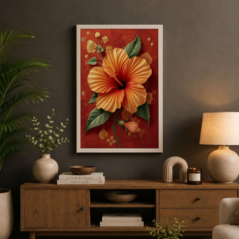 Golden Hibiscus in Bloom Botanical - Wrapped Canvas, 36x24 - 91.4 x 61.0 cm, Terracotta Border