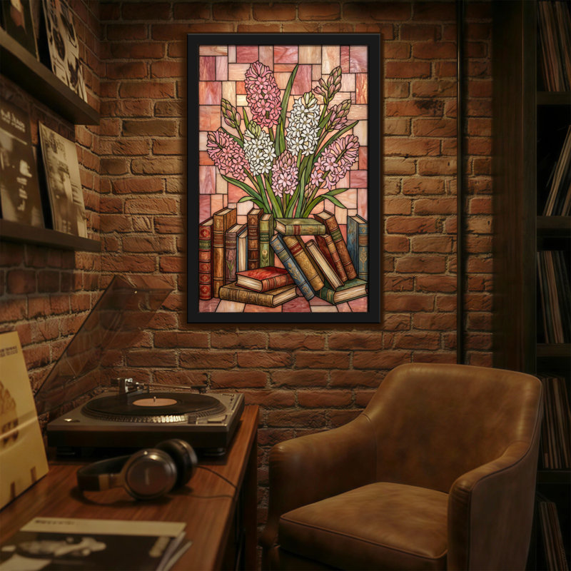Plantes et fleurs, vitrail, fleurs, livres, art, H 18 po x l 12 po