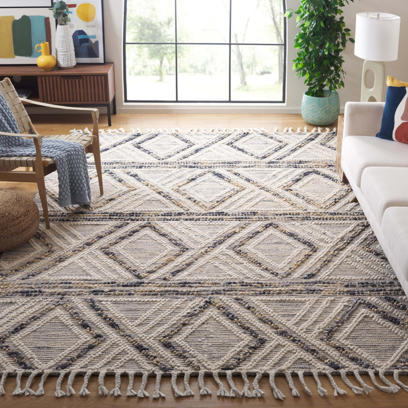 Garstang Geometric Hand-Loomed Jute/Sisal/Wool/Cotton Ivory / Blue Area Rug, Rectangle 8' x 10'