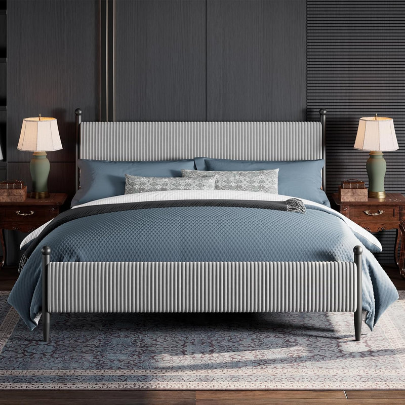 Structure de lit tapissier pour grand lit avec tête de lit en velours, plateforme en velours côtelé doux avec support en lattes de bois et pieds robustes, aucun sommier requis, silencieux, assemblage facile, gris