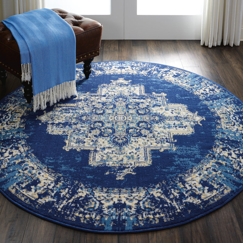 Burnie Oriental Blue/White Area Rug, Round 5'3"