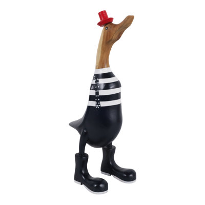 Decorative Wooden Duck Figurine Sculpture - Whimsical Home Decor Accet For Office Accessory Or Living Room Decoration - Black & White