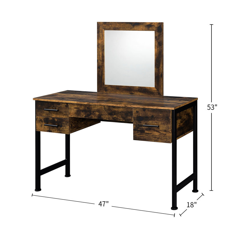 4 Drawers Vanity, Rustic Oak Finish, Black Metal Accents, 18"L X 18"H Mirror, Particle Board Structure Vanity , And Frame, Drawer Extension Feature