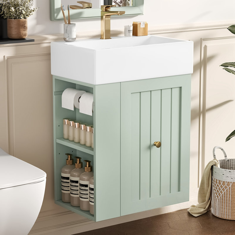 Wall Bathroom Vanity with Sink and side shlef, Green