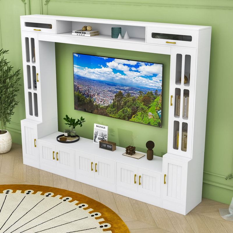 Meuble télé élégant avec portes en verre, conception anti-basculement et rangement multifonctionnel, Blanc