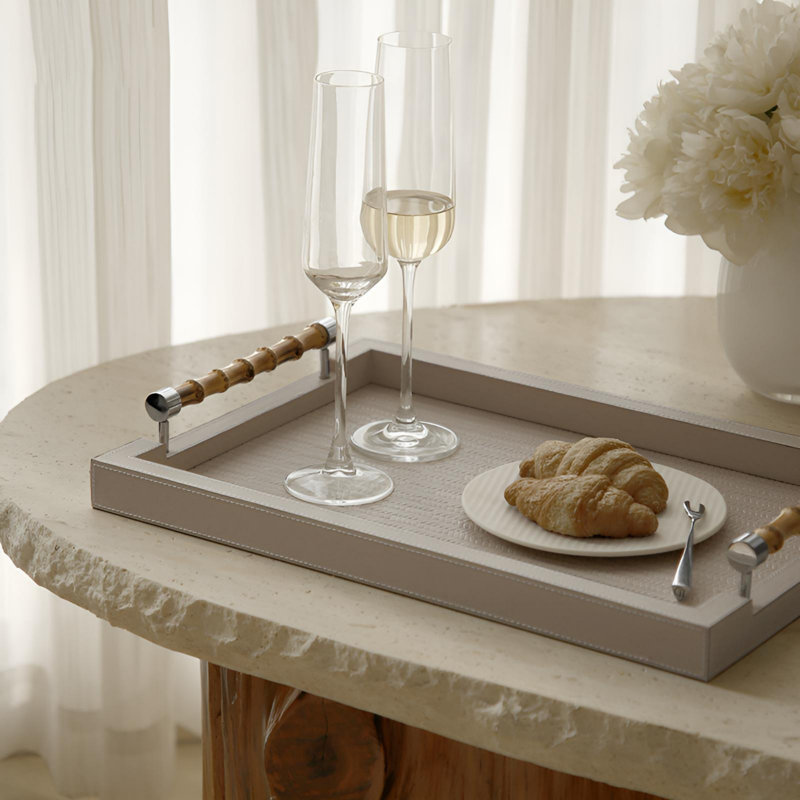 Gentle Encounter | Heston Tray, Elegant Collision Of Leather And Bamboo Handle