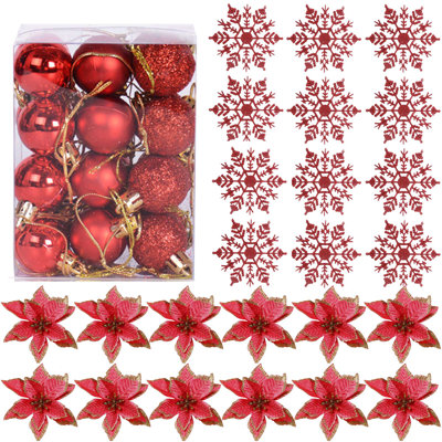 48Pcs Christmas Tree Ornaments Set Christmas Balls Glitter Poinsettia Flowers Snowflakes Decorations