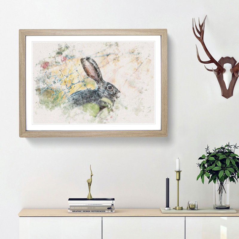 Hare in the Bushes - Picture Frame Painting Print, 36cm H x 48cm W x 2cm D, Oak Framed