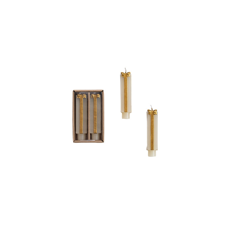 2-Piece Unscented Package Shaped Taper Candles In Box, Cream/Gold, 4.75” x 1.25” Taper