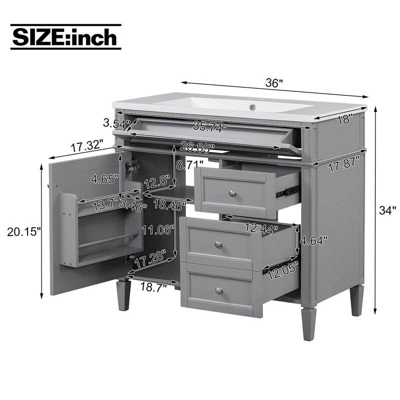 Meuble-lavabo de 36 po avec lavabo supérieur, Gris