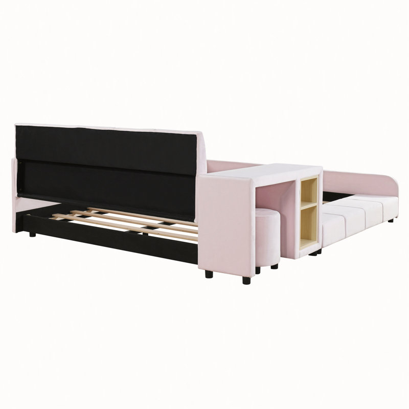 Full Size Upholstered Grounded Bed, Mother & Child Bed with Bedside Desk and Little Round Stool, Velvet, Pink, Full, Pink