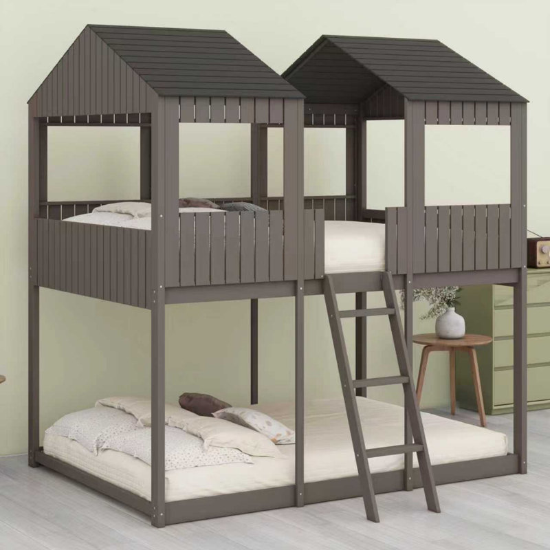 Wood Bunk Bed With Roof, Window, Guardrail, Ladder, Antique Gray