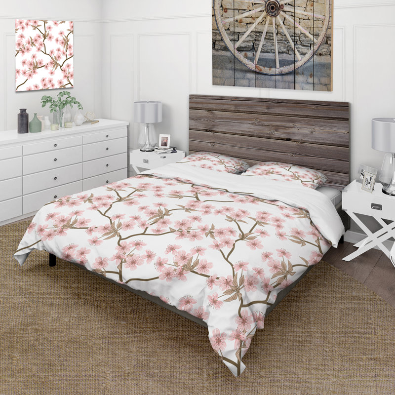 Blossoming Cherry Branches - Ensemble de housse de couette traditionnel - Microfibre de polyester