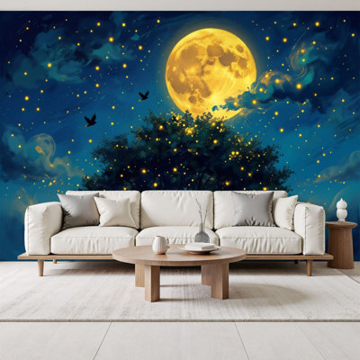 Papier peint adhésif magique, arbre mystique sous la pleine lune, lucioles, oiseaux, ciel nocturne, papier peint amovible en PVC 69 po x l 96 po, adhésif pour chambre d'enfant, bureau, chambre à coucher, bureau à domicile