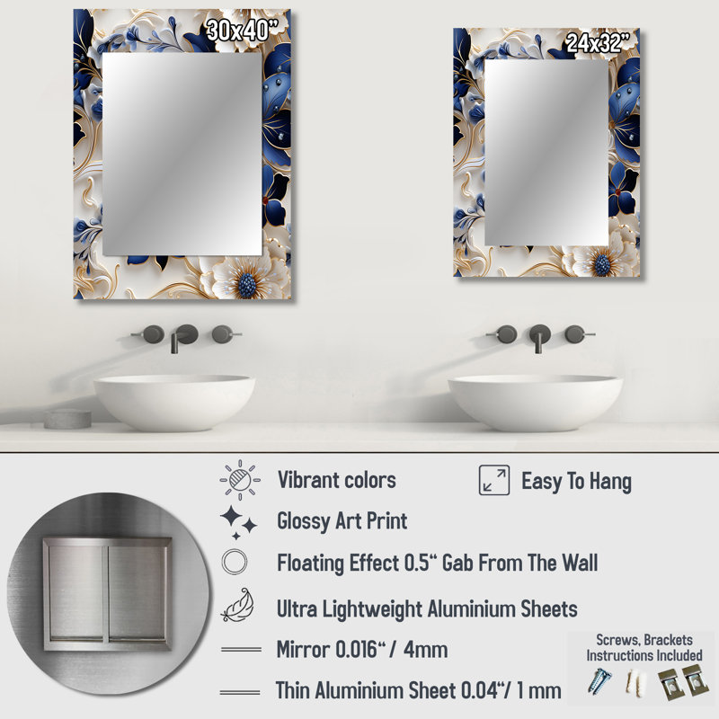 Latham bleu cobalt filigrane motif victorien - miroir floral unique, grand miroir mural floral, impression d'art en métal