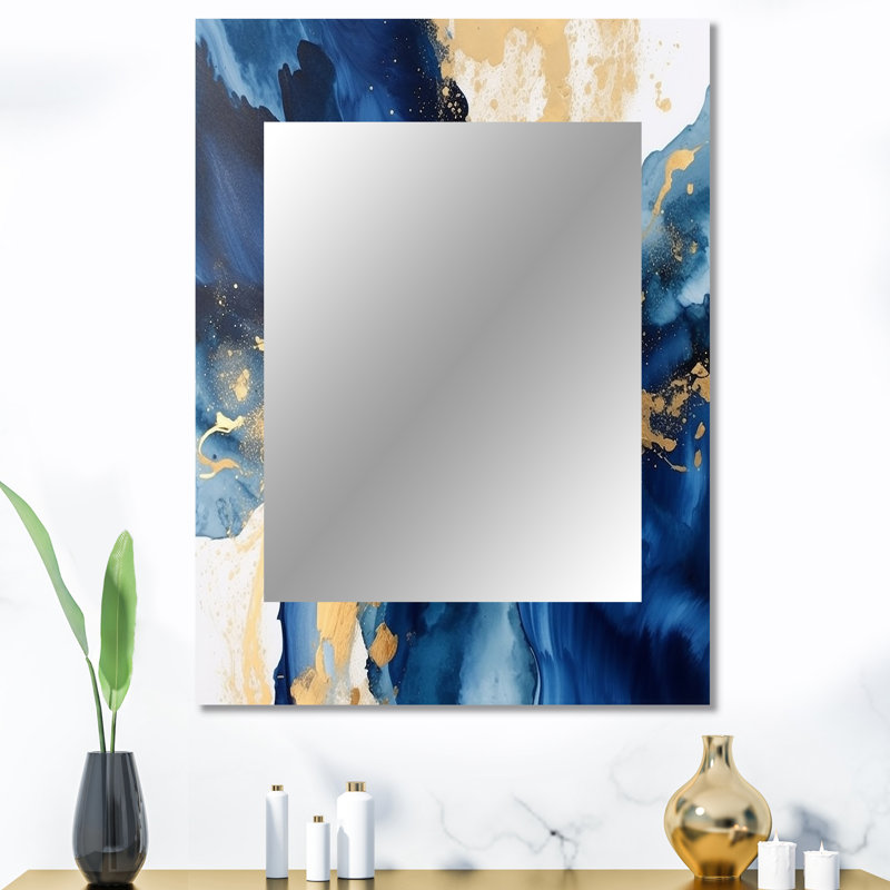 Kosinski Dark Blue and Gold Strokes VIII - Fractals Unique Wall Mirror, Modern Mirror, Printed Metal Art, 40" x 30"