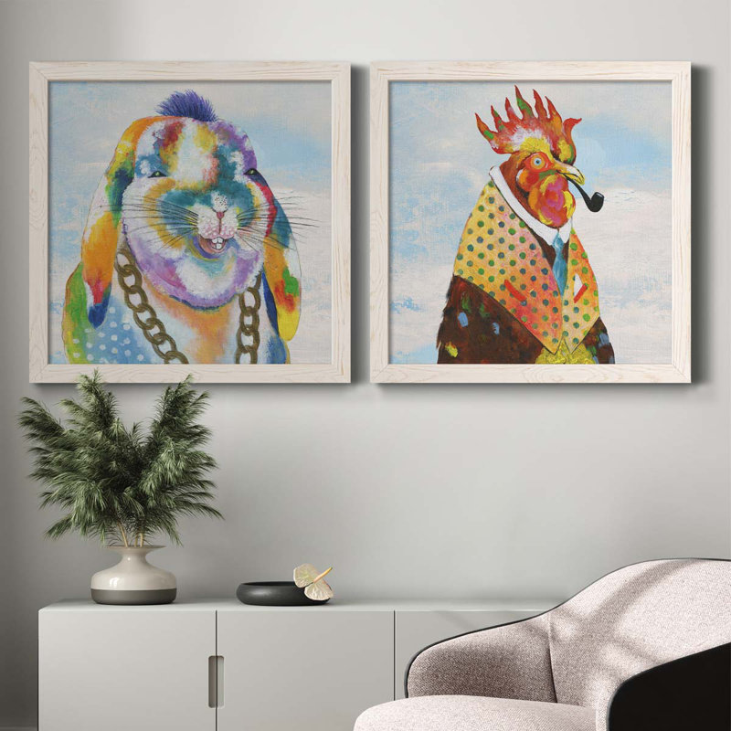 Groovy Bunny and Sky - Ensemble de 2 peintures sur toile encadrées, Cadre blanc, H 27,5 po x l 55 po x P 1,5 po