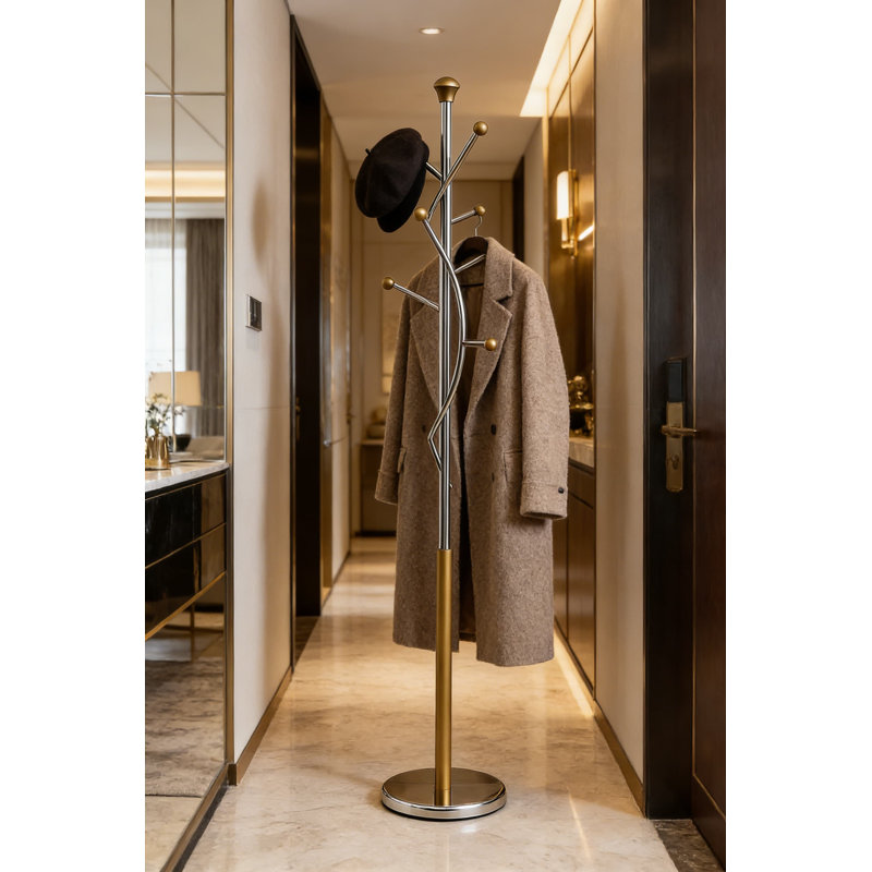 Tree Valet Stand Coat Rack With Weighted Base, Durable Chrome Steel And Walnut Wood Design, Space-Saving Entryway Organizer For Home Or Office