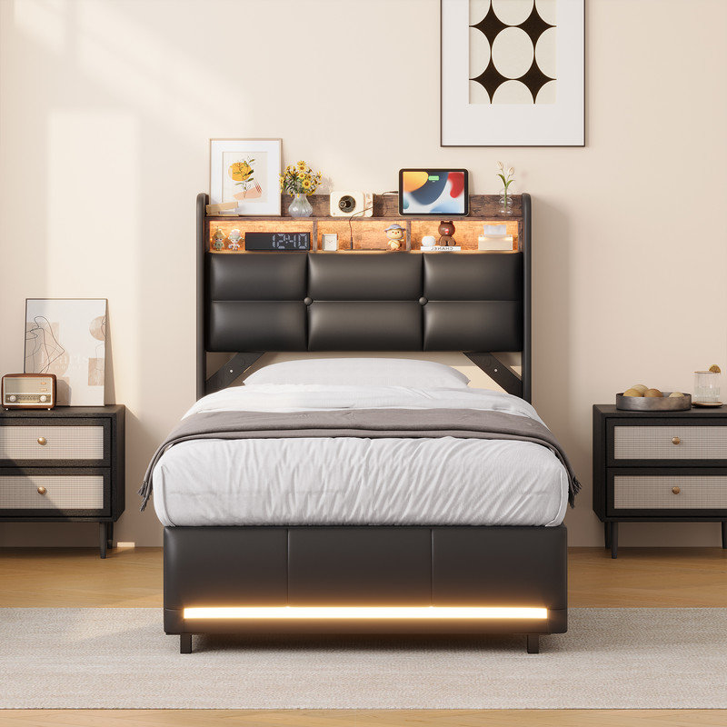 Upholstered Bed with LED Strip Lights, 90*200cm